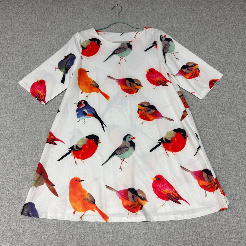 Unbranded Bird Print Shift Dress Size Small White Multi-Color Short Sleeve ALine